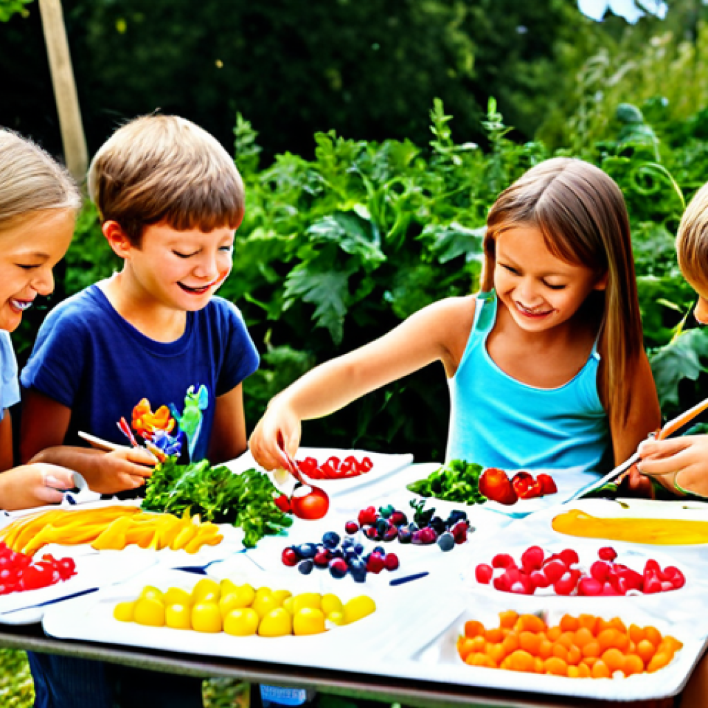 Edible Art Project**

"A group of children, ages 6-10, enthusiastically creating art with fruits and vegetables on a large table outdoors, surrounded by colorful produce. Some are arranging berries into patterns, others are using carrot sticks as paintbrushes with yogurt as paint. Sunny day, happy atmosphere, focus on creativity and healthy eating, safe for work, appropriate content, fully clothed, professional, family-friendly, perfect anatomy, natural proportions, well-formed hands, proper finger count."

**