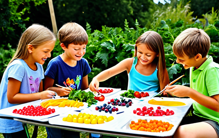 Edible Art Project**

"A group of children, ages 6-10, enthusiastically creating art with fruits and vegetables on a large table outdoors, surrounded by colorful produce. Some are arranging berries into patterns, others are using carrot sticks as paintbrushes with yogurt as paint. Sunny day, happy atmosphere, focus on creativity and healthy eating, safe for work, appropriate content, fully clothed, professional, family-friendly, perfect anatomy, natural proportions, well-formed hands, proper finger count."

**