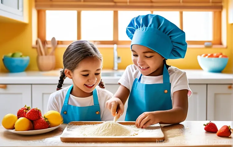 놀이로 배우는 식품 조리 과정의 이해 - Prompt 1: Playful Little Chefs in Action**