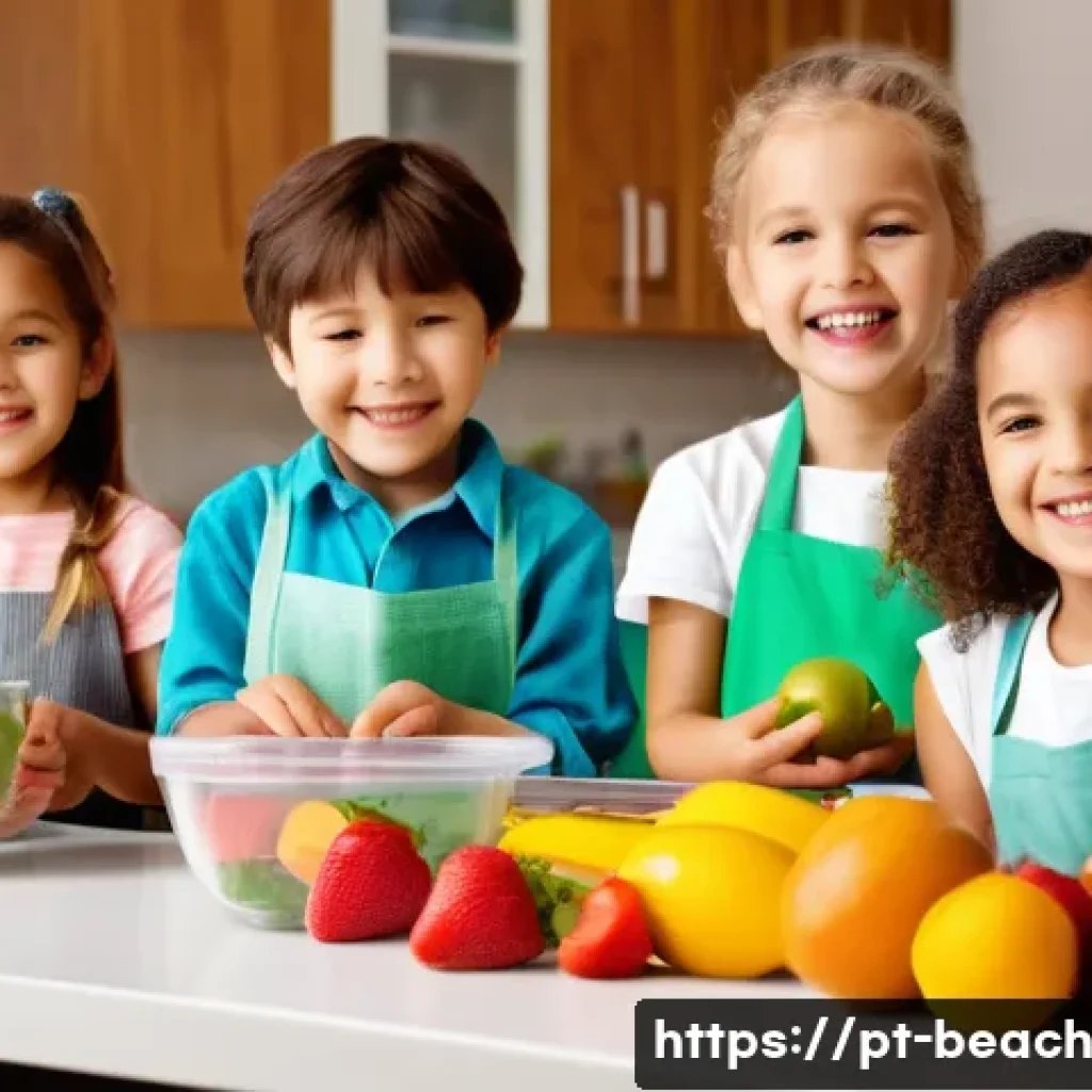 놀이식 교육  건강한 간식 만들기 - A bright and cheerful kitchen scene showing a diverse group of children aged around 5 to 8 years old...