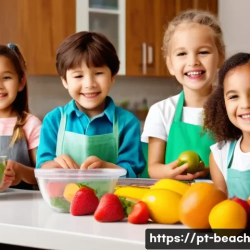 놀이식 교육  건강한 간식 만들기 - A bright and cheerful kitchen scene showing a diverse group of children aged around 5 to 8 years old...