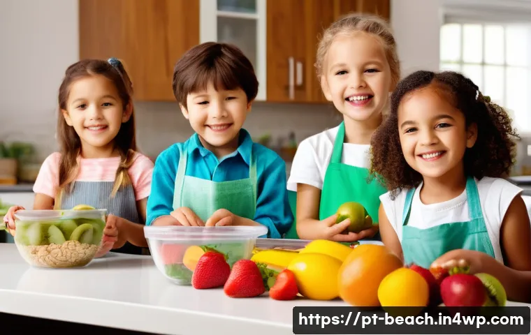 놀이식 교육  건강한 간식 만들기 - A bright and cheerful kitchen scene showing a diverse group of children aged around 5 to 8 years old...