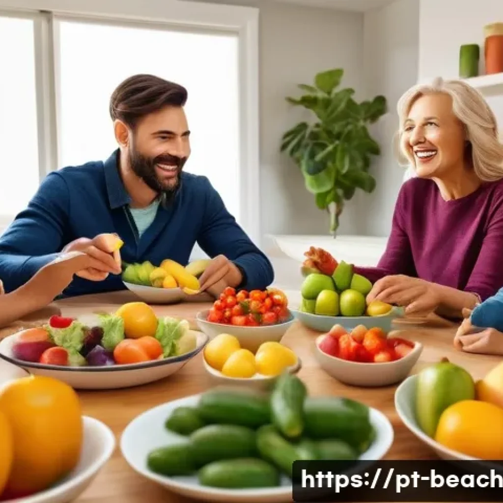 식품 교육을 위한 패밀리 게임 나이트 - A cozy family game night scene in a warmly lit dining room decorated with colorful posters of fruits...