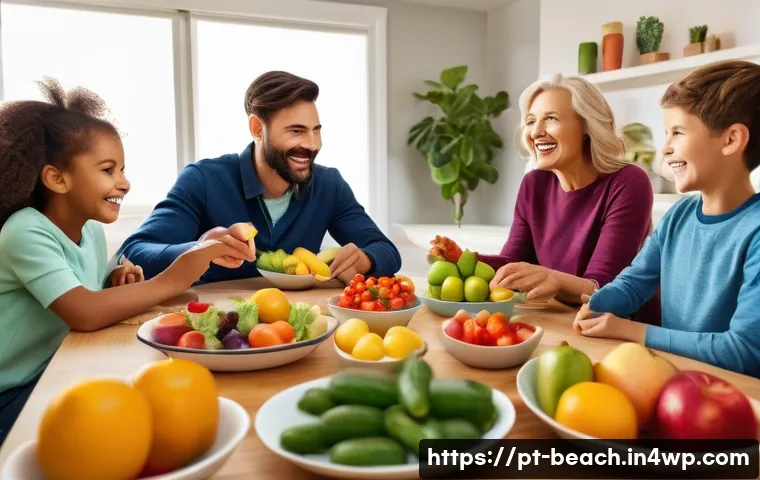 식품 교육을 위한 패밀리 게임 나이트 - A cozy family game night scene in a warmly lit dining room decorated with colorful posters of fruits...