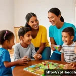 식품 교육을 위한 다양한 보드게임 - A vibrant family scene in a cozy Brazilian living room, parents and children aged 6 to 12 playing an...