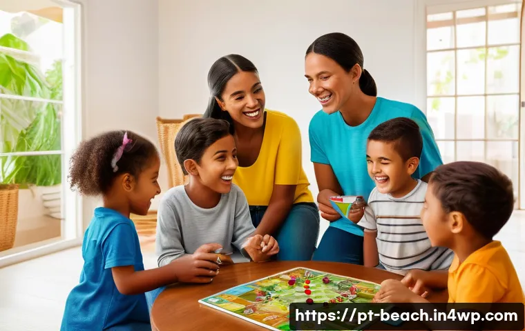 식품 교육을 위한 다양한 보드게임 - A vibrant family scene in a cozy Brazilian living room, parents and children aged 6 to 12 playing an...