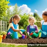 농장에서 식탁까지  어린이를 위한 놀이 학습 - A vibrant scene of young children planting seeds in small colorful pots in a sunny garden setting, w...