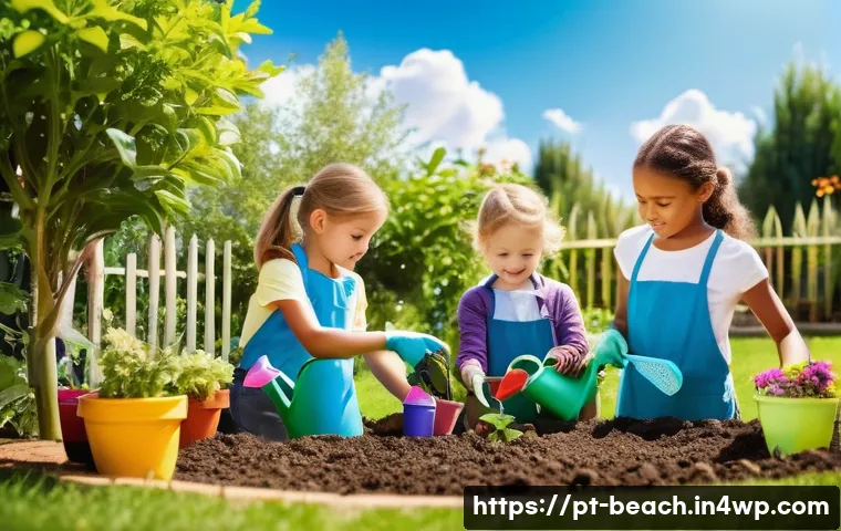 농장에서 식탁까지  어린이를 위한 놀이 학습 - A vibrant scene of young children planting seeds in small colorful pots in a sunny garden setting, w...