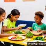 재미있는 식품 교육을 위한 행사 기획 - A vibrant educational event scene in a spacious, well-lit community center in Brazil, featuring dive...