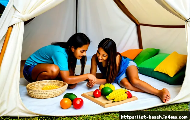 Home 17 식품 교육을 위한 DIY 실내 텐트 만들기 - Photorealistic Brazilian family creating a DIY indoor learning tent from cream fabric, wooden dowels...
